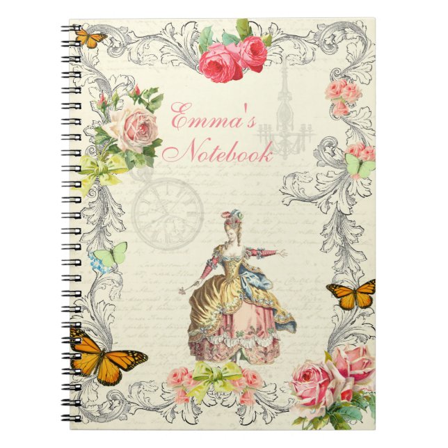 Vintages Notizbuch mit Rosen und Schmetterlingen Notizblock (Vorderseite)