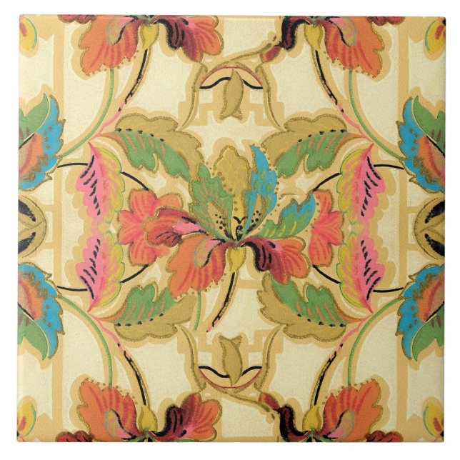 Vintages orange Türkis-Blumentapeten-Muster Fliese (Vorderseite)