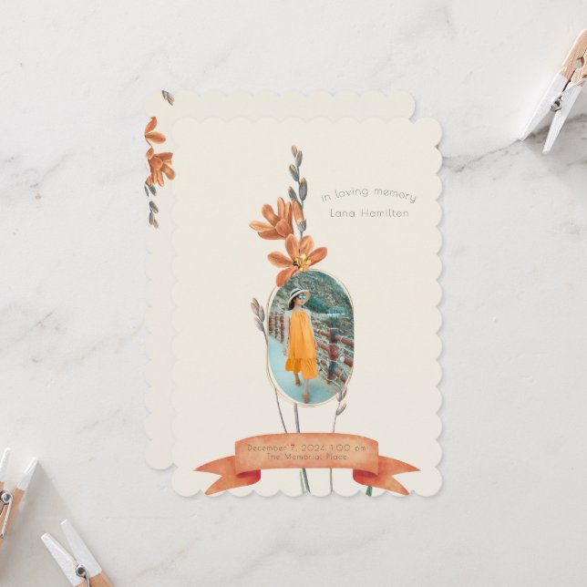 Vintages Orangefarbenes Foto-Beerdigungsprogramm Einladung (Vorderseite/Rückseite Beispiel)