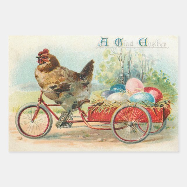 Vintages Osterhühnchen Reiten eines Fahrrad Ostere Geschenkpapier Set (Vorderseite)