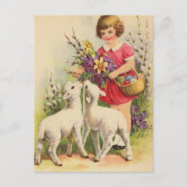 Vintages Osterkind und Lämmer Postkarte