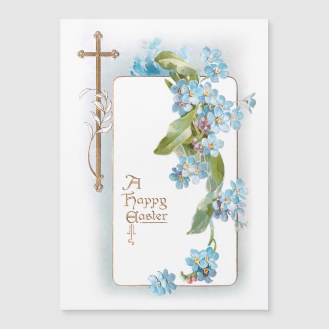Vintages Osterkreuz mit blauem Vergessenmerstich Magnetkarte (Vorderseite)