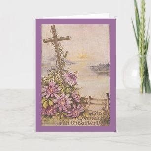 Vintages Osterkreuz und violette Blumen Feiertagskarte