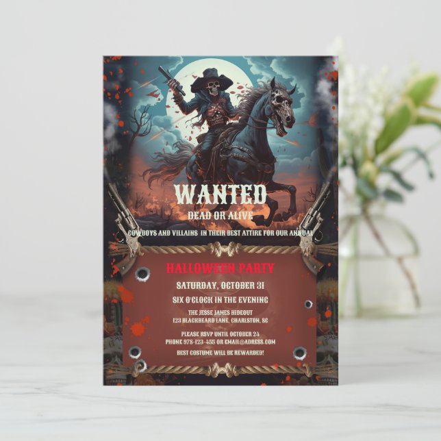 Vintages Outlaw Skull & Bones Halloween-Party Invi Einladung (Stehend Vorderseite)