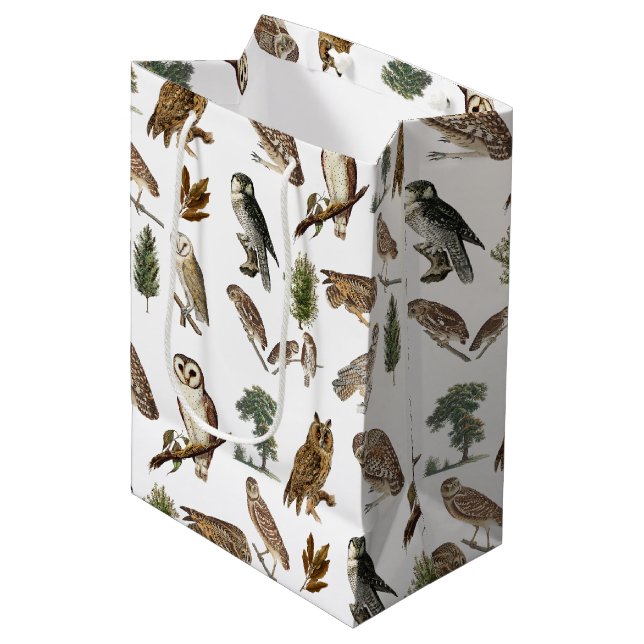 Vintages Owl Wasserfarbenwaldmuster Mittlere Geschenktüte (Vorderseite Schrägansicht)