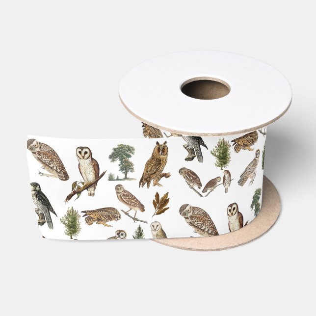 Vintages Owl Wasserfarbenwaldmuster Satinband (Spule)