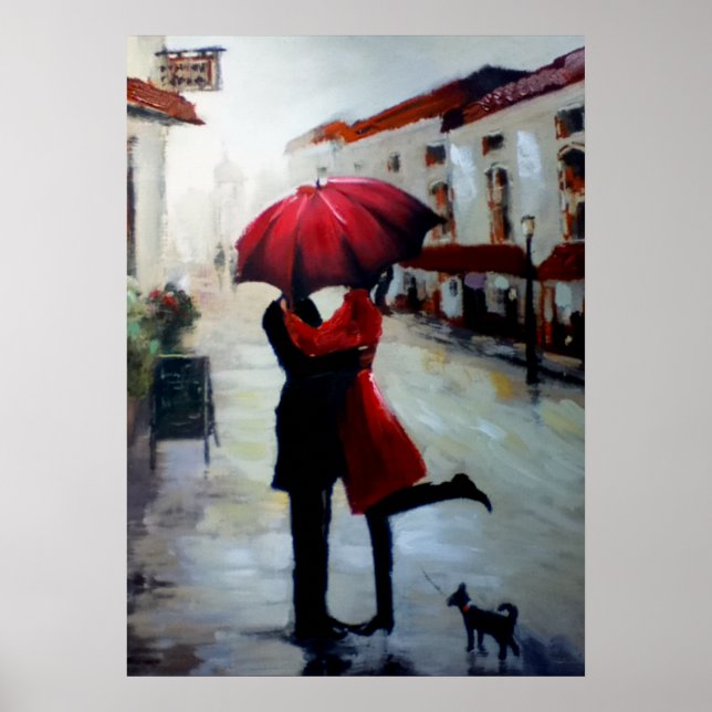 Vintages Paar mit Umbrella und Dog Print Poster (Vorne)