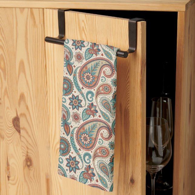 Vintages Paisley in Aquamariner Creme Geschirrtuch (Drittel gefaltet)