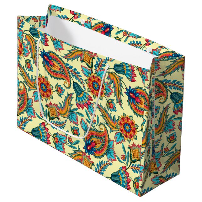 Vintages Paisley-Muster auf Gelb Große Geschenktüte (Vorderseite Schrägansicht)