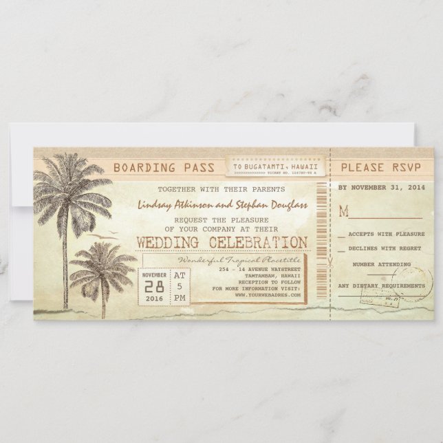 Vintages Palms Seaside Boarding Pass Hochzeitstick Einladung (Vorderseite)