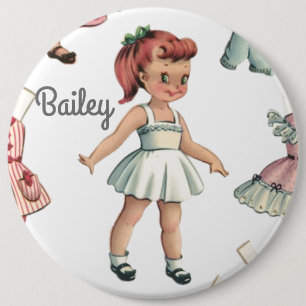 Vintages Papierpuppbild mit Kleidern Personalisier Button