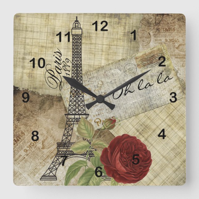Vintages Paris-Design Quadratische Wanduhr (Vorderseite)