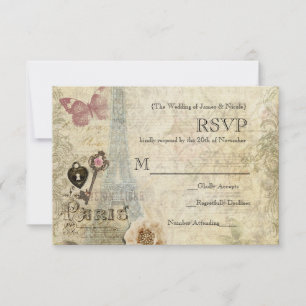 Vintages Paris Roses Lock & Key Wedding RSVP Karte