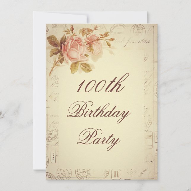 Vintages Paris stempelt Chic-Rosen-100. Geburtstag Einladung (Vorderseite)