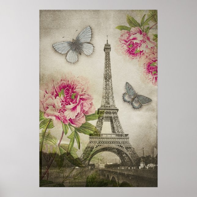 Vintages Pariser Eiffelturm-Peonies-Poster Poster (Vorne)
