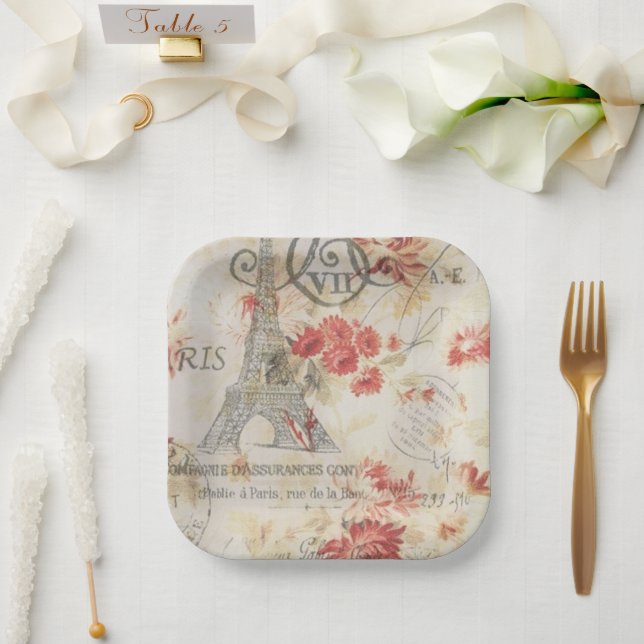 Vintages Pariser Party Botanischer Eiffelturm Pappteller (Hochzeit)