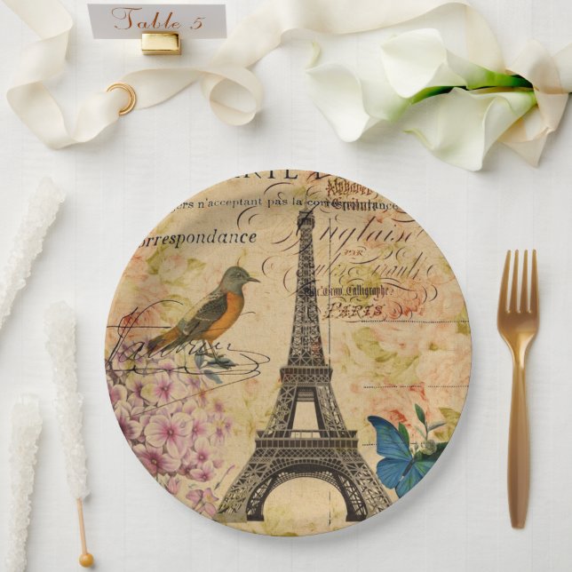 Vintages Pariser Party Botanischer Eiffelturm Pappteller (Hochzeit)