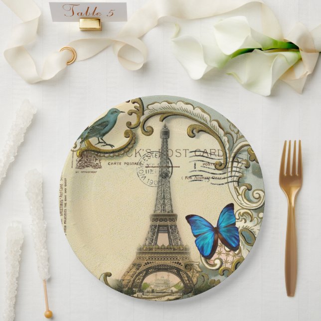 Vintages Pariser Party Botanischer Eiffelturm Pappteller (Hochzeit)