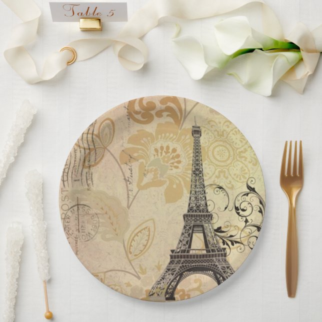 Vintages Pariser Party Botanischer Eiffelturm Pappteller (Hochzeit)