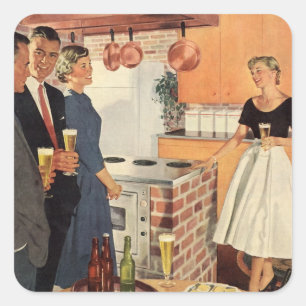 Vintages Party in Küche, Bier und Vorspeisen Quadratischer Aufkleber