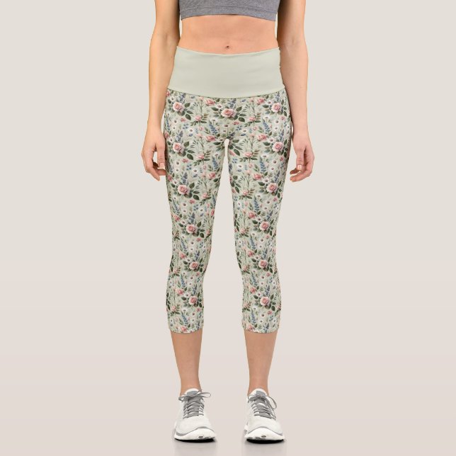 Vintages Pastell-florales botanisches Muster Capri Leggings (Vorderseite)