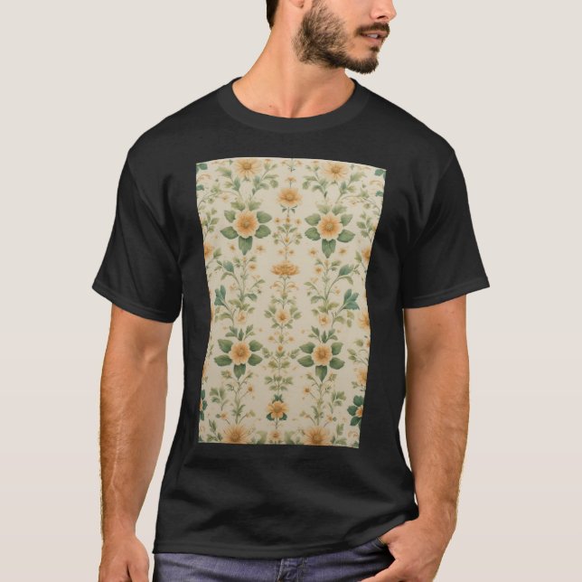 Vintages Pastellgelbes Blumenmuster T-Shirt (Vorderseite)