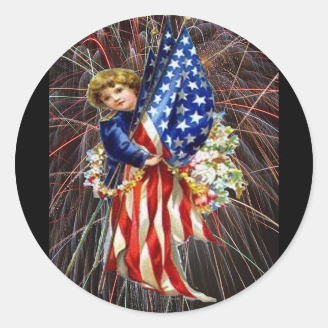 Vintages Patriotisches Kind und Feuerwerk Runder Aufkleber (Vorderseite)