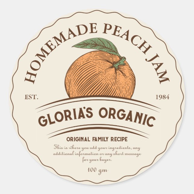 Vintages Peach Fruchtmarmelett Runder Aufkleber (Vorderseite)