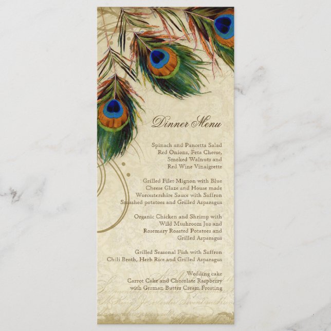 Vintages Peacock Feather Elegantes Abendmenü Menükarte (Vorderseite)