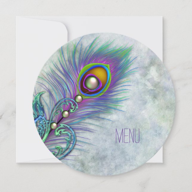 Vintages Peacock-Hochzeitmenü für Wasserfarben Einladung (Vorderseite)