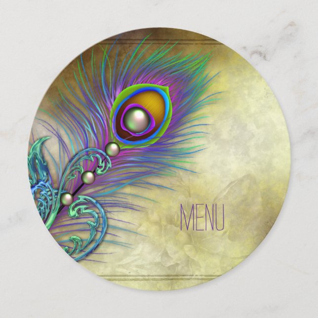 Vintages Peacock Wedding Menu Menükarte (Vorderseite)