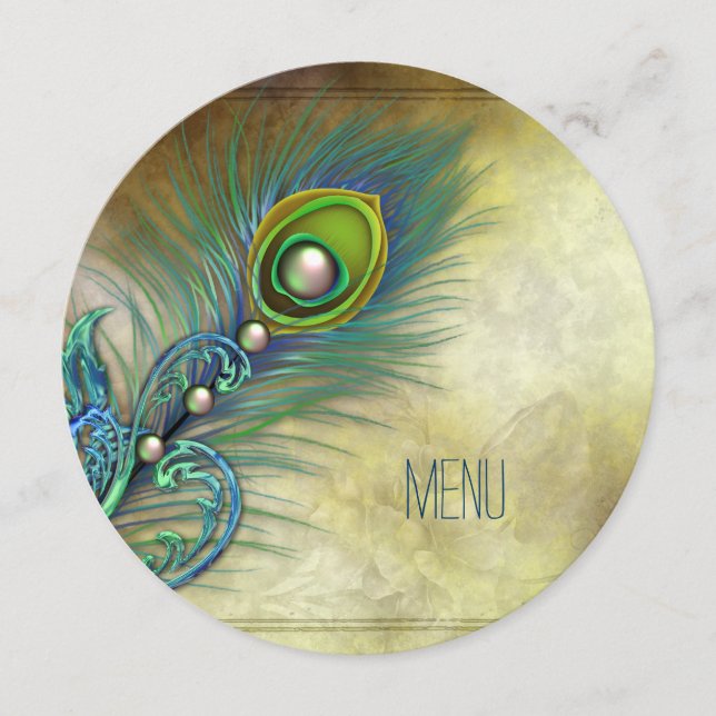 Vintages Peacock Wedding Menu Menükarte (Vorderseite)