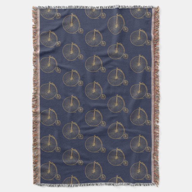 Vintages Penny Farthing Einicycle Navy Gold Muster Decke (Vorderseite Vertikal)