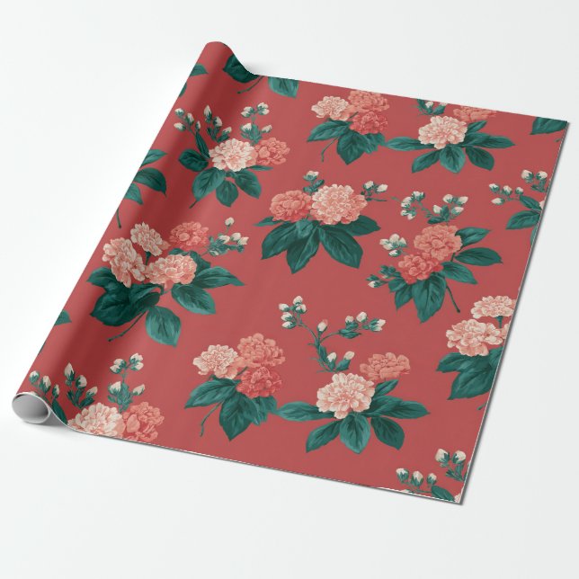 Vintages Peony Pattern - Maroon Hintergrund Geschenkpapier (Ungerollt)