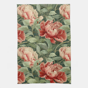 Vintages Peony Tee Handtuch in Korallen, Weiß und 
