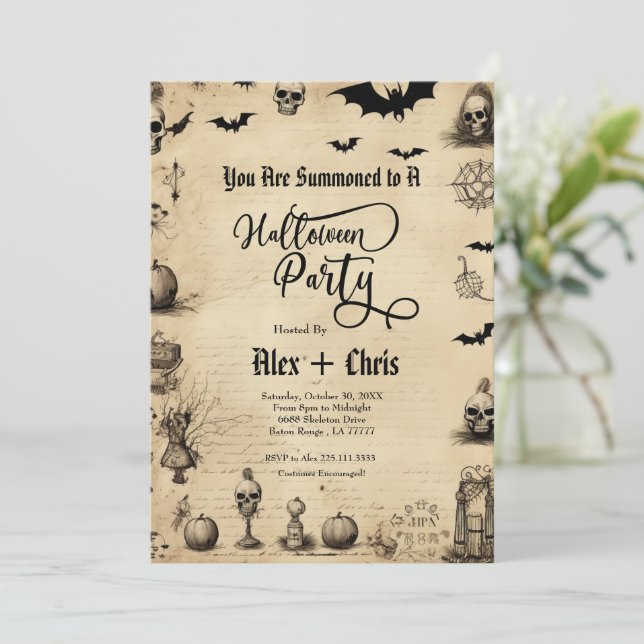 Vintages Pergament Erwachsenes Gotisches Halloween Einladung (Stehend Vorderseite)