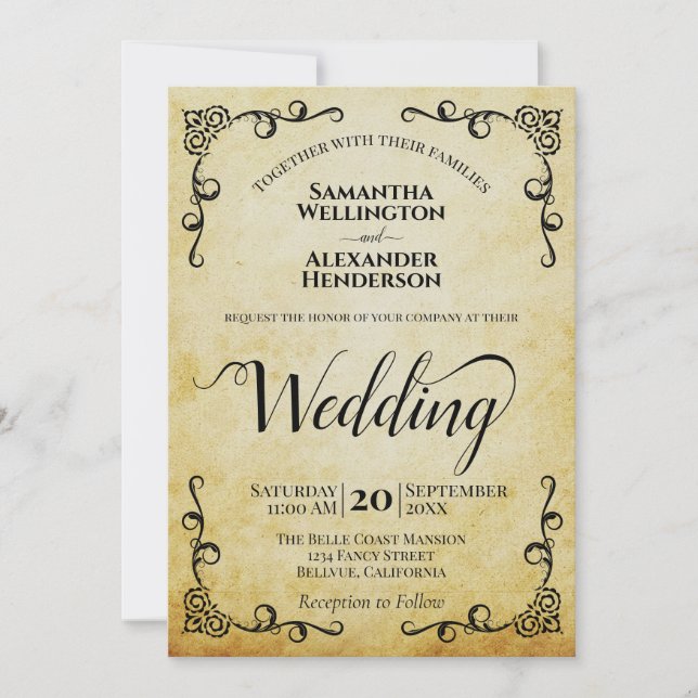 Vintages Pergament Hochzeit in Calligrafie Einladung (Vorderseite)