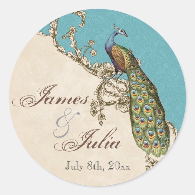 Vintages Pfau & Etchings Hochzeitssemble Siegel Runder Aufkleber (Vorderseite)