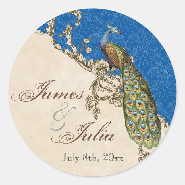 Vintages Pfau & Etchings Hochzeitssemble Siegel Runder Aufkleber (Vorderseite)