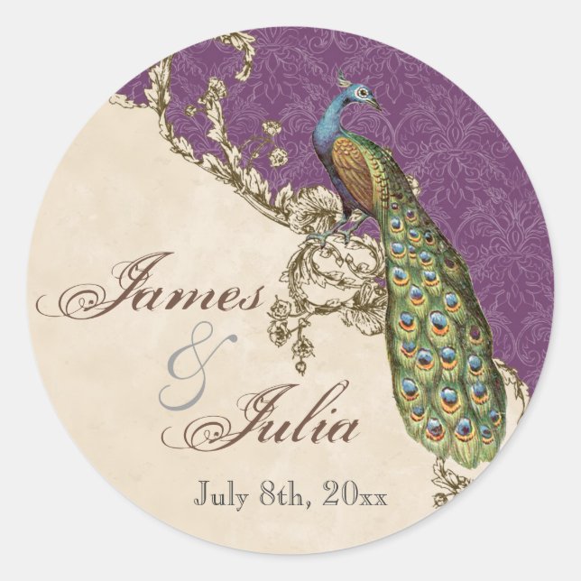 Vintages Pfau & Etchings Hochzeitssemble Siegel Runder Aufkleber (Vorderseite)
