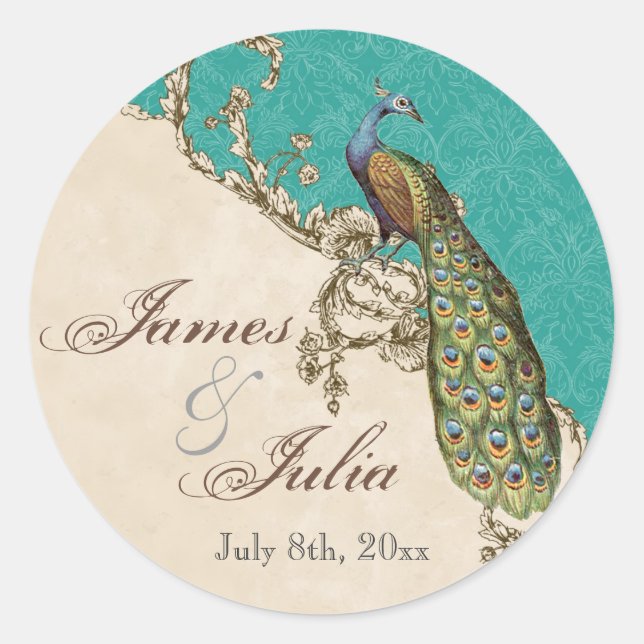 Vintages Pfau & Etchings Hochzeitssemble Siegel Runder Aufkleber (Vorderseite)