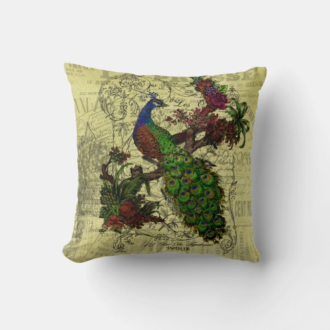 Vintages Pfau-Kissen Kissen (Vorderseite)