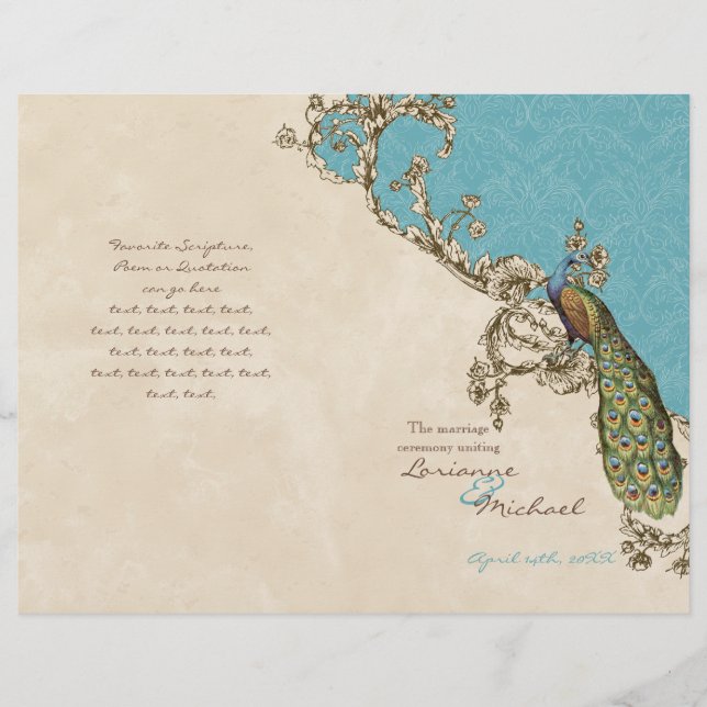 Vintages Pfau- und Etchings-Hochzeitsprogramm (Vorderseite)
