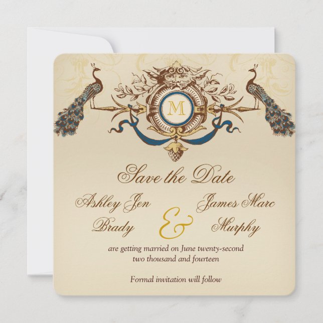 Vintages Pfauen Speichern der Datumskarten Einladung (Vorderseite)