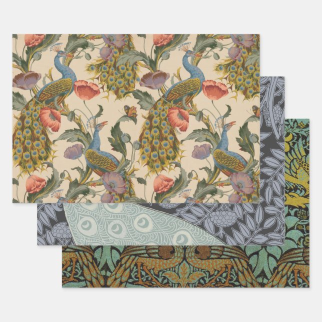Vintages Pfauenmuster Farbenfrohe Kunst Geschenkpapier Set (Set)