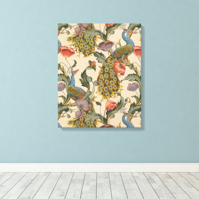 Vintages Pfauenmuster Farbenfrohe Kunst Leinwanddruck (Insitu (Holzboden))