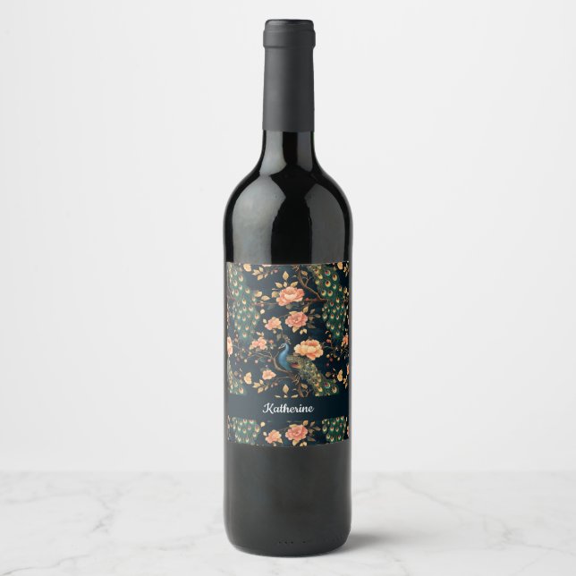 Vintages Pfauenmuster Weinetikett (Vorderseite)