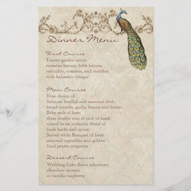 Vintages Pfauenschwarz, Tafelblatt zum Abendessen (Vorderseite)