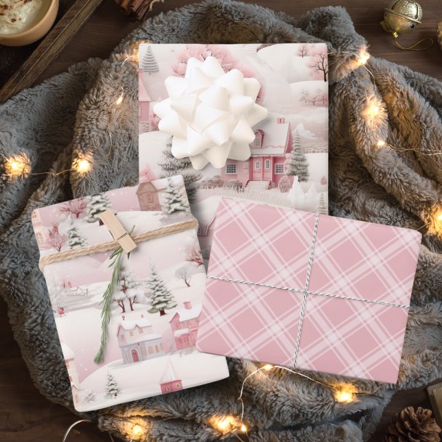 Vintages Pink Snow Village Kariert Weihnachten Geschenkpapier Set (Vintage Pink Snow Village Plaid Christmas Wrapping Paper Sheets)