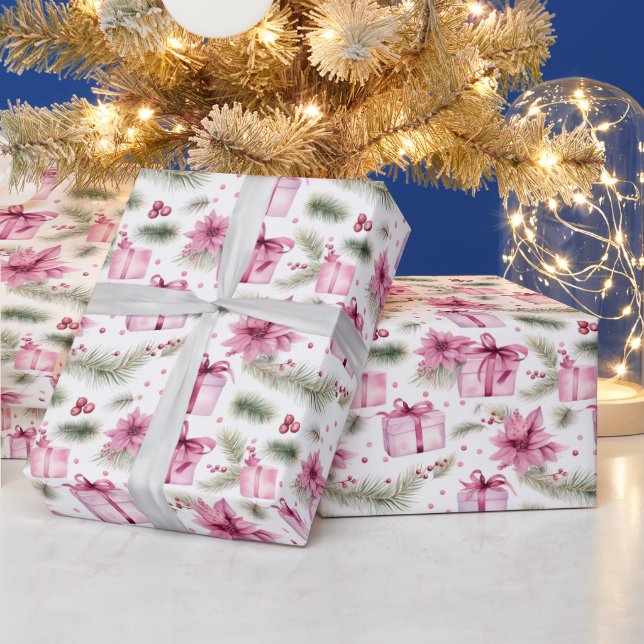 Vintages Pink Weihnachtsbaum & Geschenkmuster Geschenkpapier (Feiertage)
